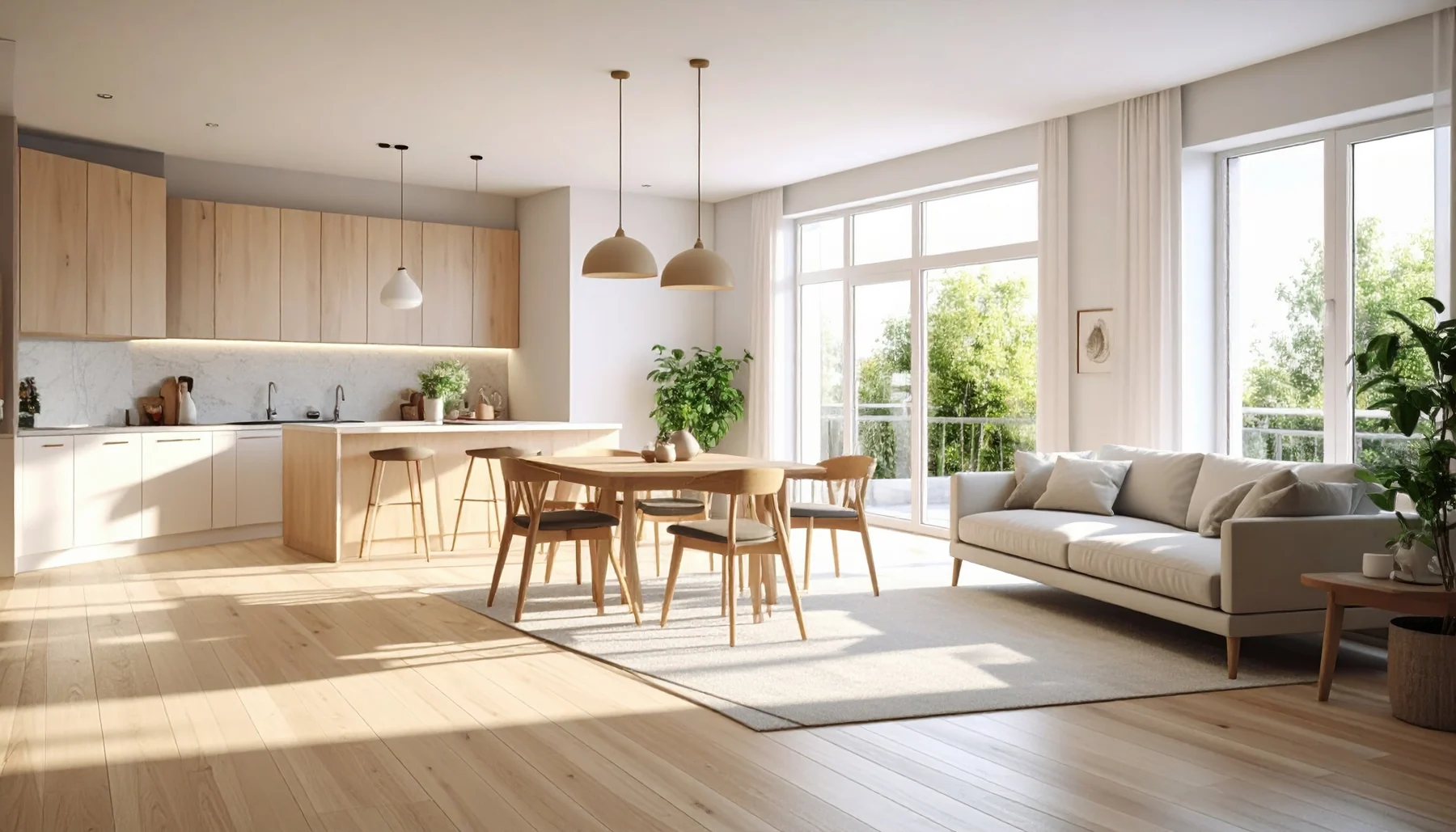 Modern kitchen with natural wood finishes and soft light
