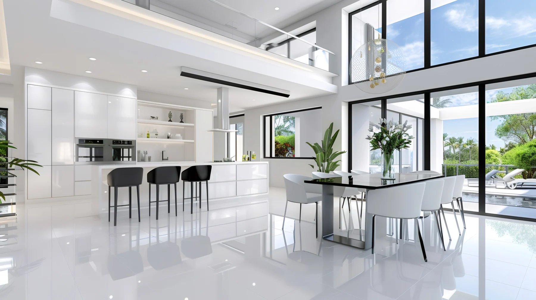Bright modern kitchen and dining space overlooking green surroundings